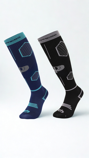Two pairs of compression socks, one blue and one black, on a white background.