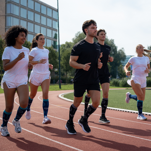 Group of runners on a track with a building and trees in the background